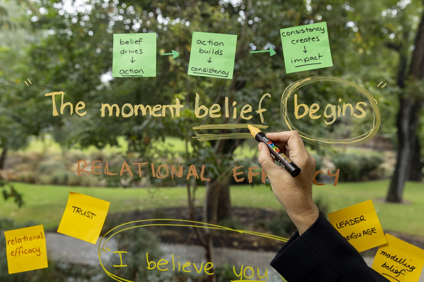 The thinking developing — belief, action, consistency, impact, written on glass &mdash; Photograph by Mira Soulio